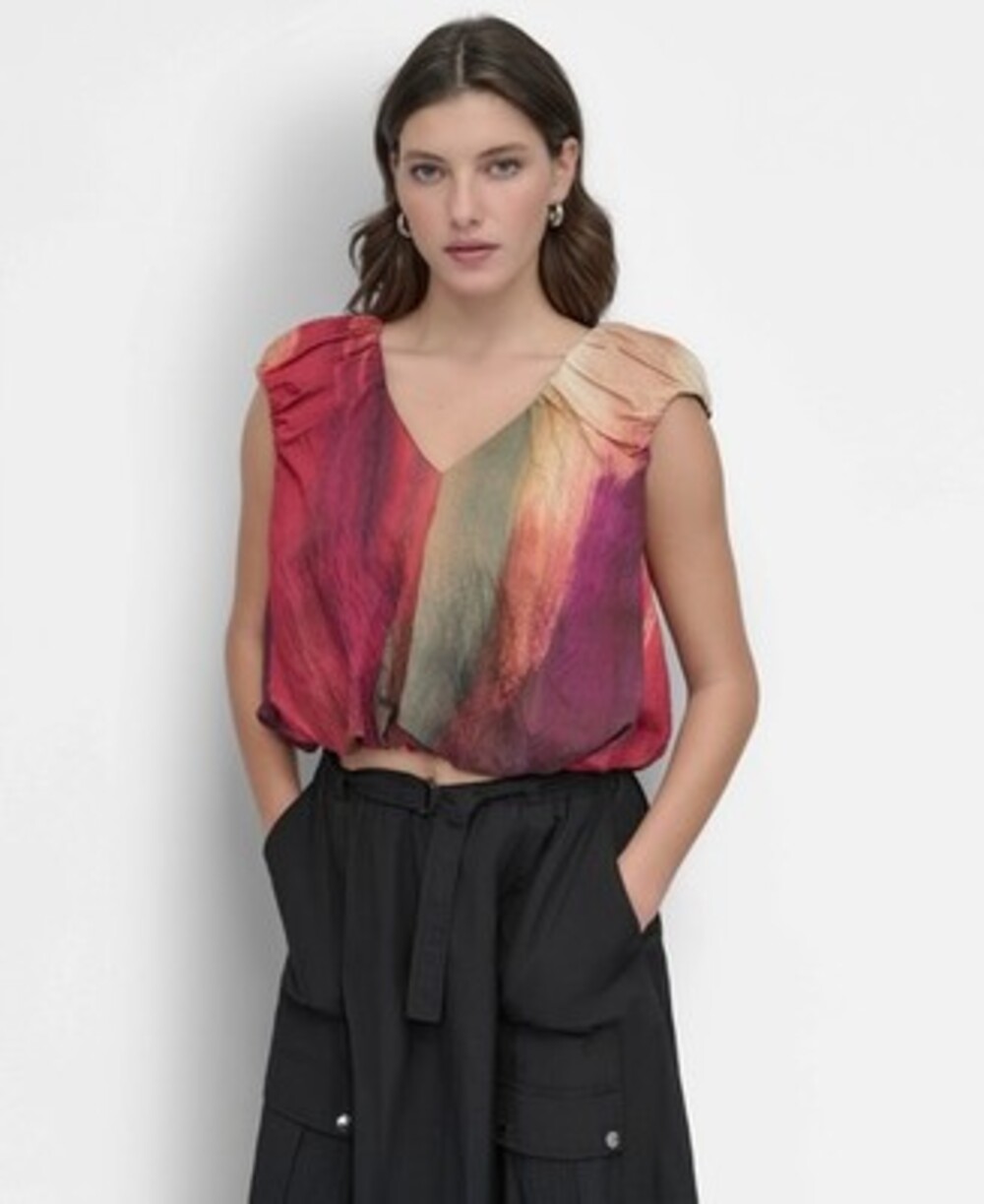 DKNY Rumpled V-Neck Abstract-Print Blouse Women's Small June Brush Stroke